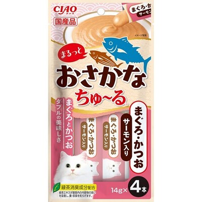 CIAO 啾嚕肉泥 SC-604 雙魚系列(鮪魚+鰹魚+鮭魚) 14gx4入 CIAO 啾嚕肉泥 SC-604 雙魚系列(鮪魚+鰹魚+鮭魚) 14gx4入